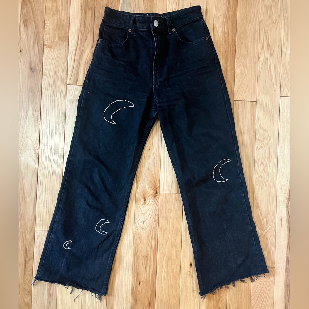 ZARA Black High-waisted Wide-leg Jeans with white embroidered moon detail